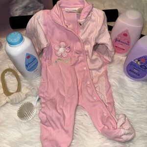 Pink Floral Embroidered Baby Footie Pajamas - Soft Snap Front